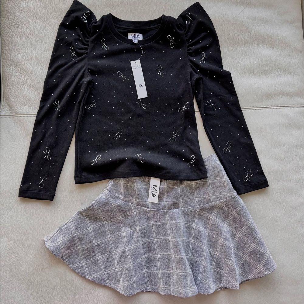 NWT MIA NEW YORK Girls Sequin Plaid Skirt & Black Crystal Bow Top Outfit 6x $130